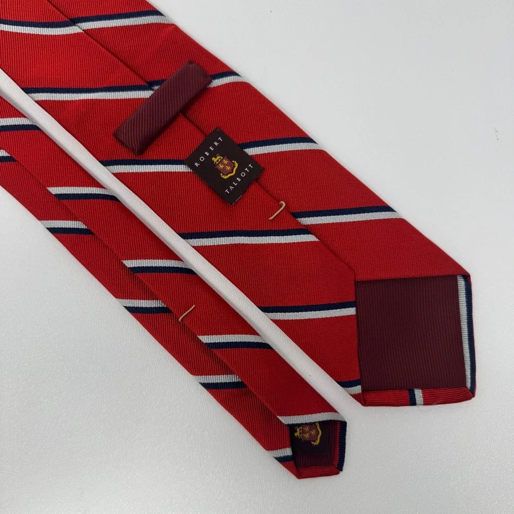 Robert‎ Talbott Mens Silk Repp Tie Red Blue White Striped Monterey California